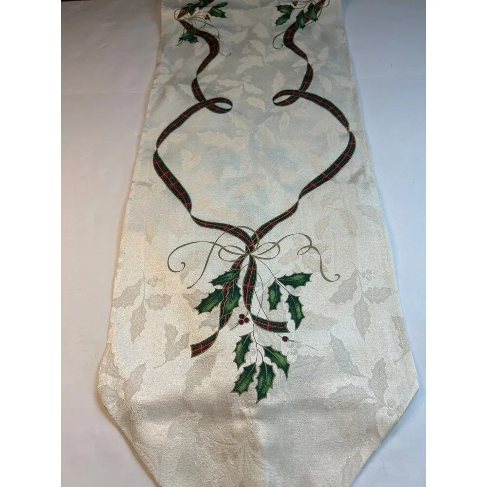 Lenox Holiday Nouveau Ivory Table Runner Ribbon Holly Berry 68x13 1/2